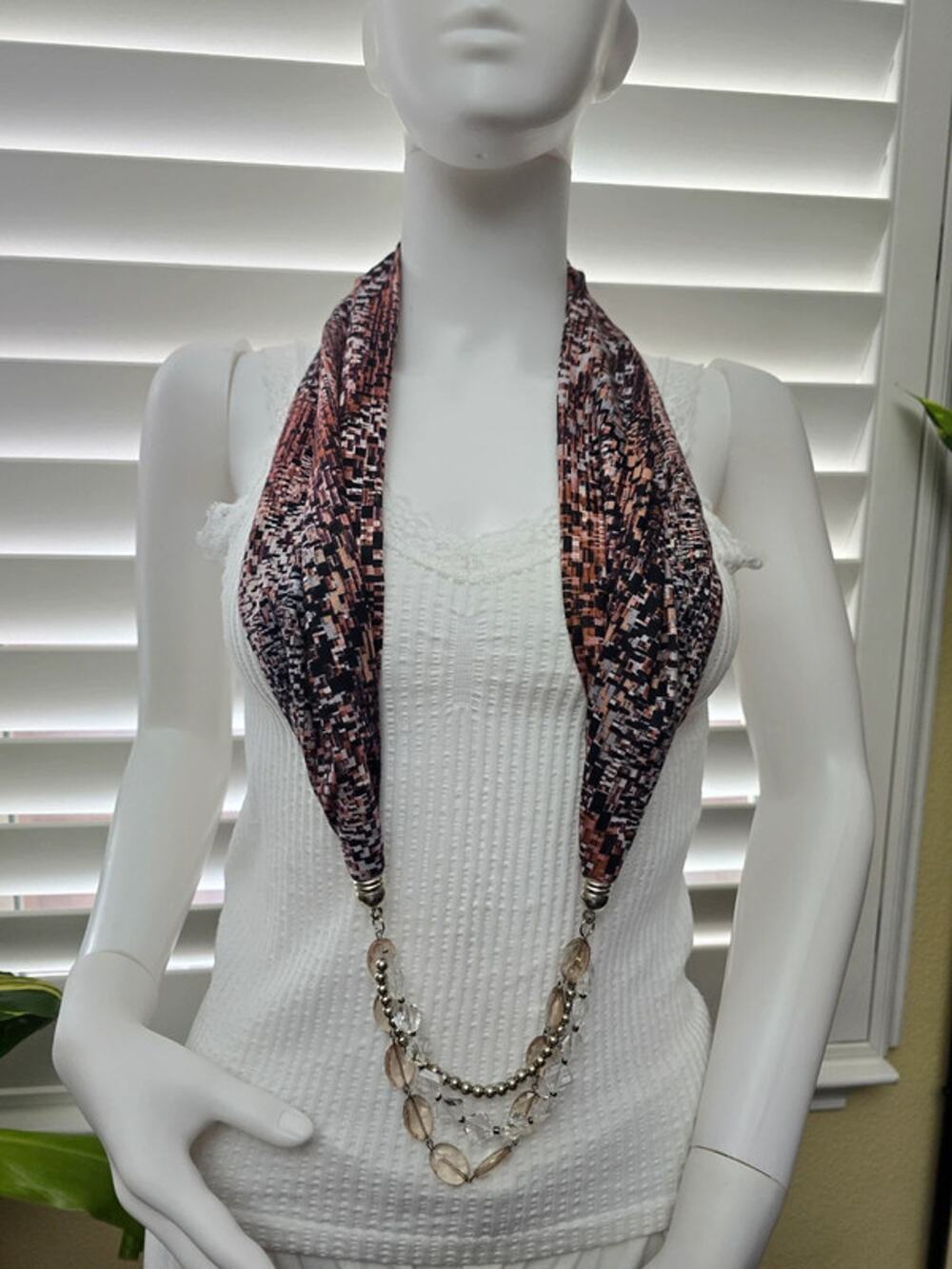 Brown Pattern Beaded Boho Fairy Cottage Infinity Scarf OSFM